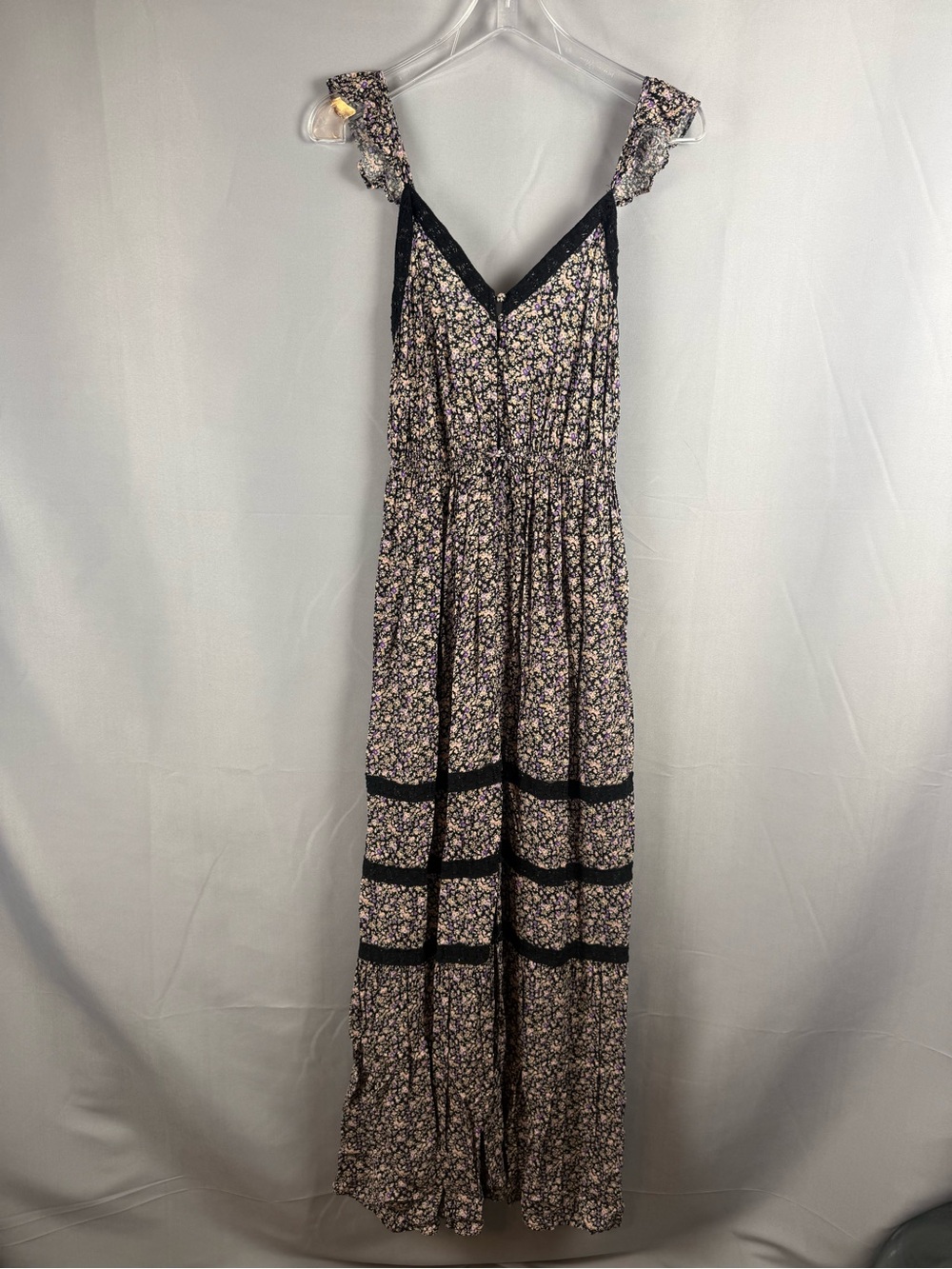 Forever 21 Floral Midi Dress Black Lace Trim Boho Cottagecore Size S